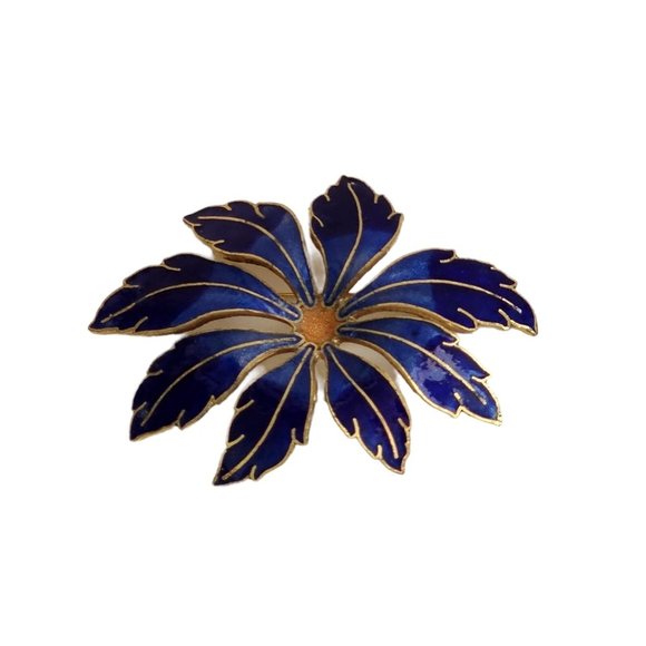 Vintage Blue Enamel Foliage Flower Two Tone Blue Shades Enamel Pin Brooch - Picture 6 of 14